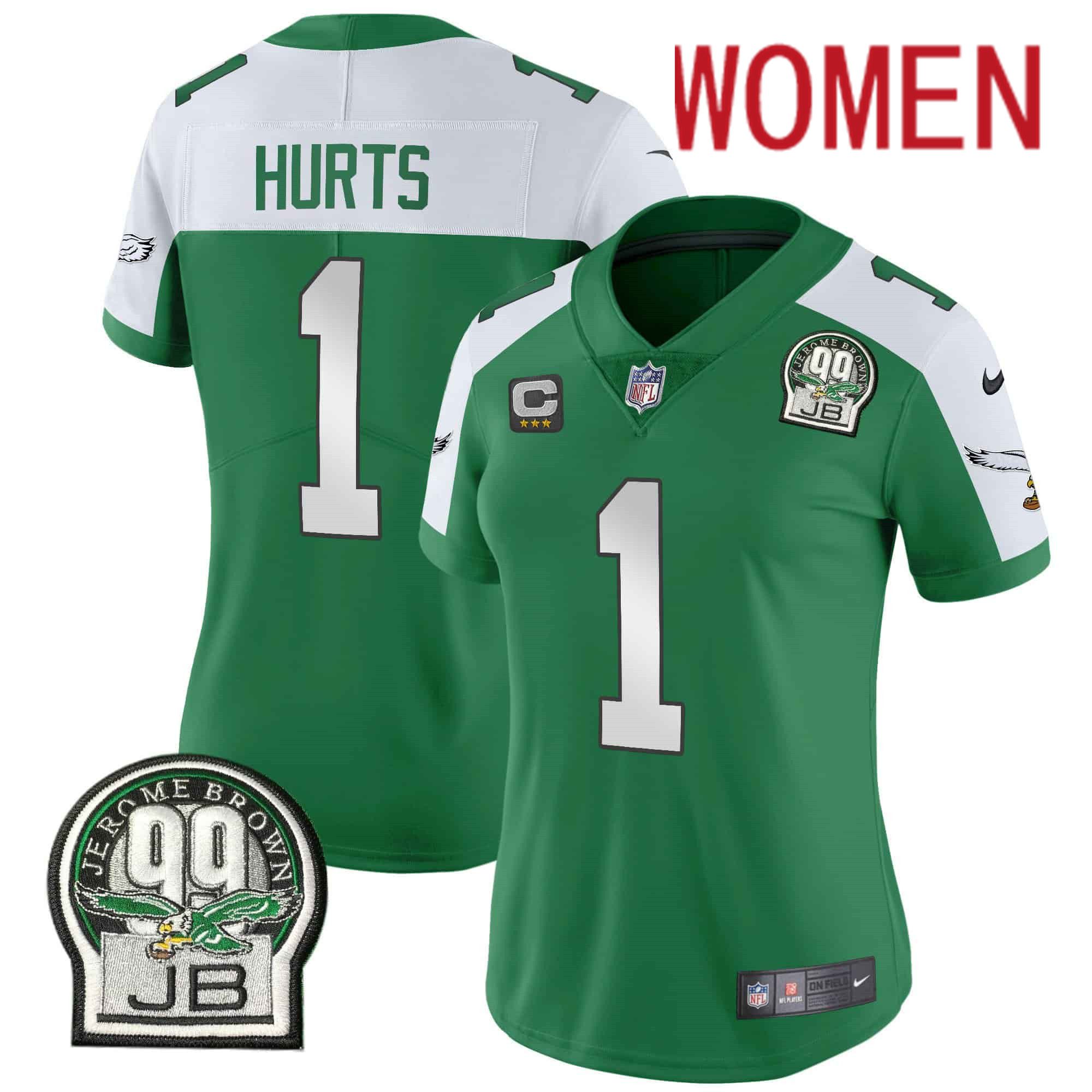 Women Philadelphia Eagles #1 Hurts Green 2024 Nike Jerome Brown Patch Alternate Limited NFL Jersey